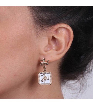I Love Sicily - BYS - Metal earrings with pendant tile white trinacria