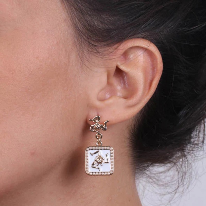 I Love Sicily - BYS - Metal earrings with pendant tile white trinacria