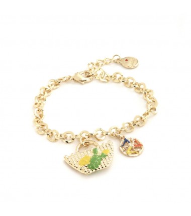 I Love Sicily - BYS -Metal bracelet with sicilian basket, prickly pear and lemons, and trinacria pendant