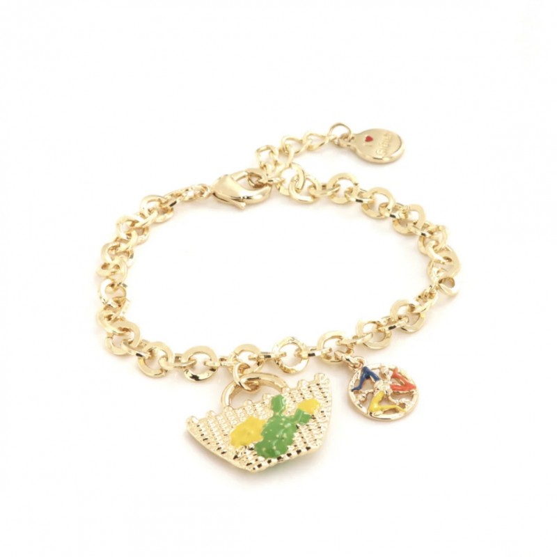 I Love Sicily - BYS -Metal bracelet with sicilian basket, prickly pear and lemons, and trinacria pendant
