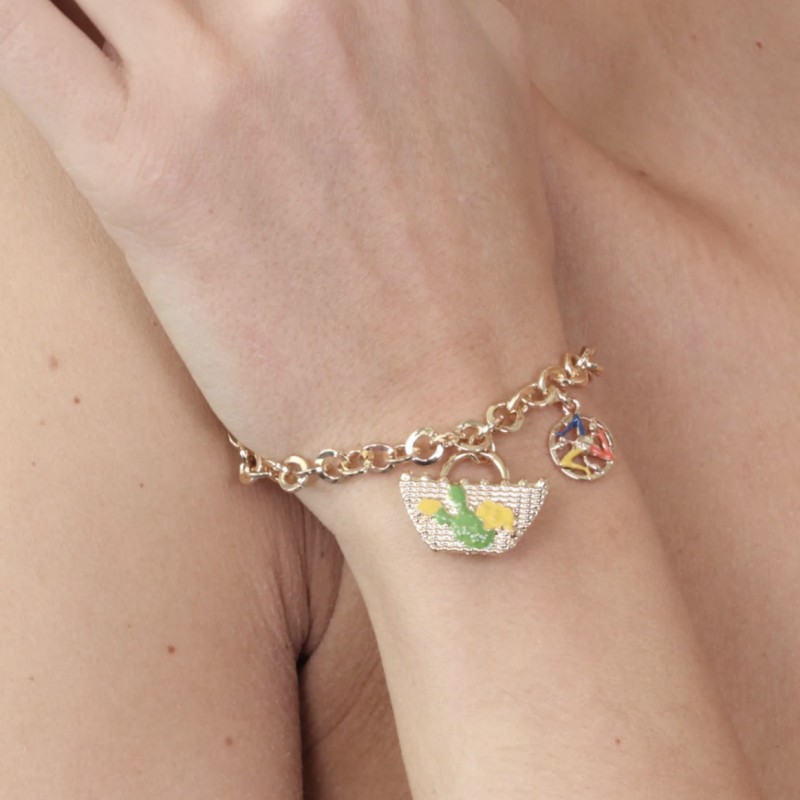 I Love Sicily - BYS -Metal bracelet with sicilian basket, prickly pear and lemons, and trinacria pendant