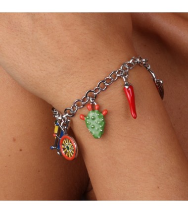 I Love Sicily - BYS - Bracciale in metallo con charm di carretto, coffa, fico d'india, corno e agrumi