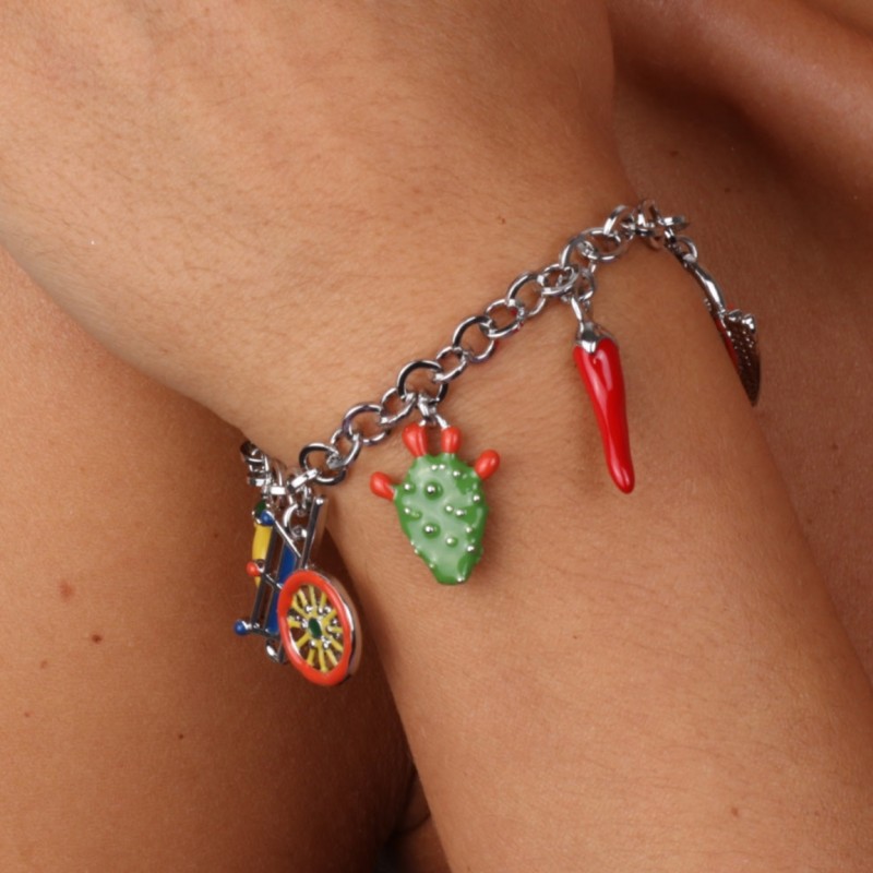 I Love Sicily - BYS - Metal bracelet with charm of sicilian cart, prickly pear, sicilian basket, horn and citrus