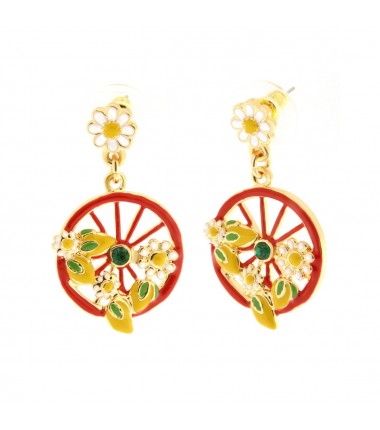 I Love Sicily - BYS - Orecchini in metallo con ruota rossa limoni e fiori