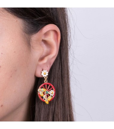 I Love Sicily - BYS - Metal earrings with red wheel, lemons and flowers