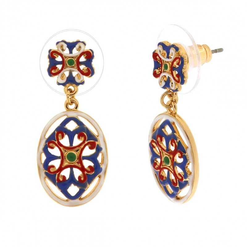 I Love Sicily - BYS - Orecchini in metallo pendente con maioliche bianco, rosso e blu