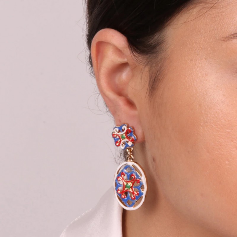 I Love Sicily - BYS - Orecchini in metallo pendente con maioliche bianco, rosso e blu