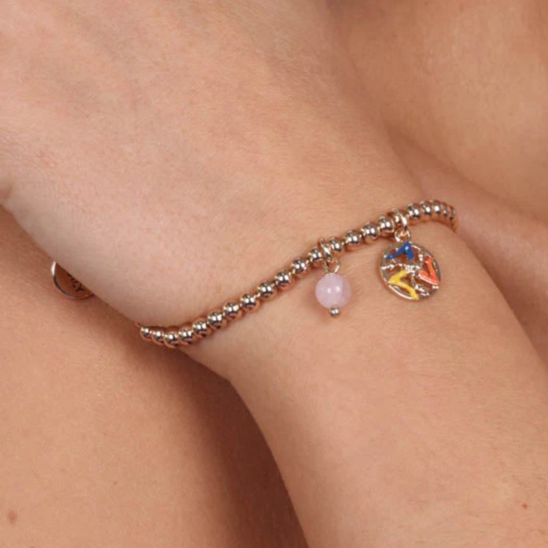 I Love Sicily - BYS - Bracciale in metallo pallinato con trinacria e perlina rosa pendenti
