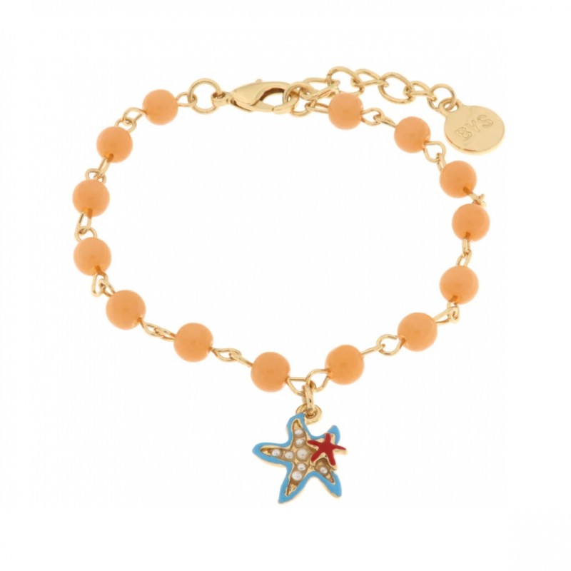 BYS - Bracciale in metallo con pietre salmone, stella marina turchese e perle