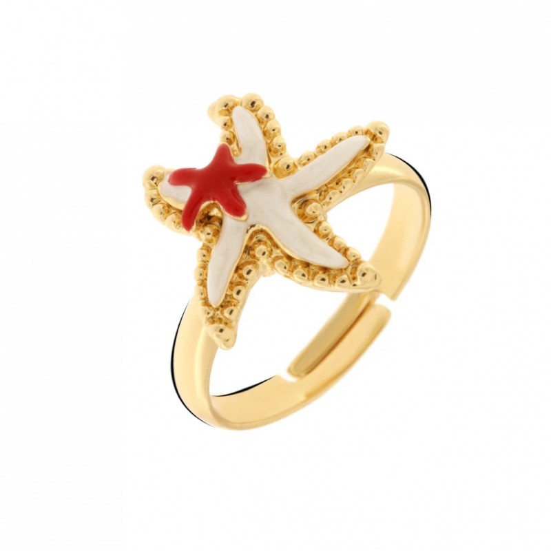 BYS - Metal ring with white and red starfish