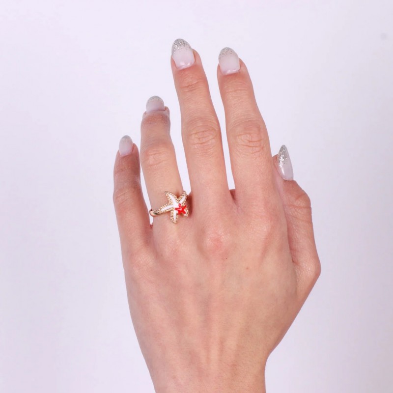 BYS - Metal ring with white and red starfish