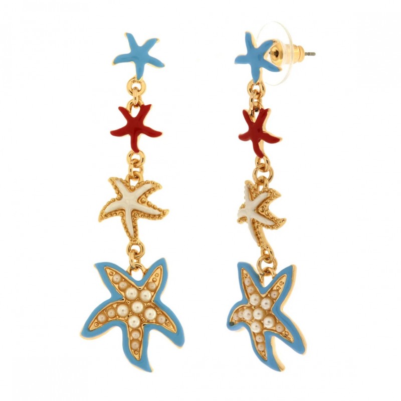 BYS - Orecchini in metallo con stelle marine azzurre, rosse e bianche e perle