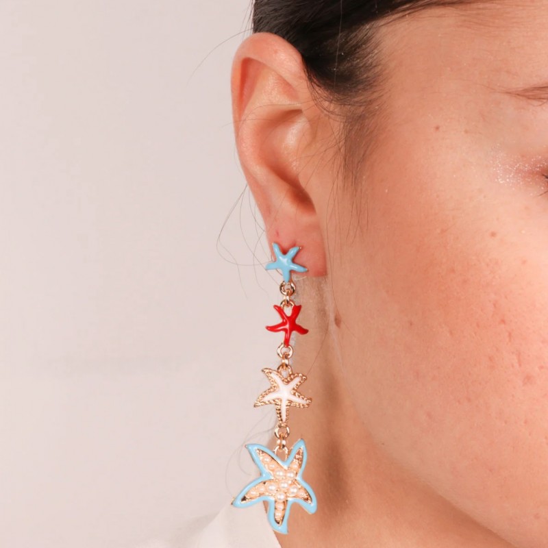 BYS - Orecchini in metallo con stelle marine azzurre, rosse e bianche e perle