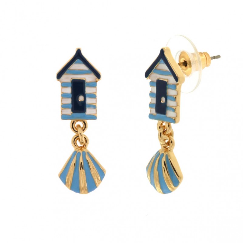 BYS - Metal earrings with white and blue house and  shell