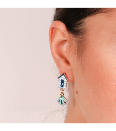 BYS - Metal earrings with white and blue house and  shell