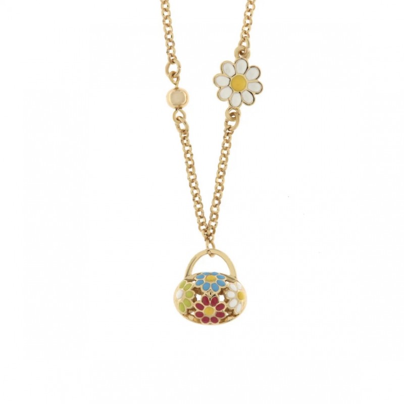 BYS - Collana in metallo con borsetta e fiori colorati