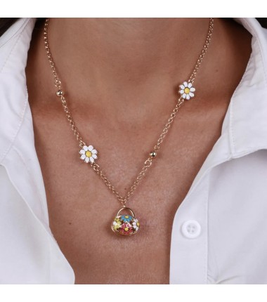 BYS - Collana in metallo con borsetta e fiori colorati