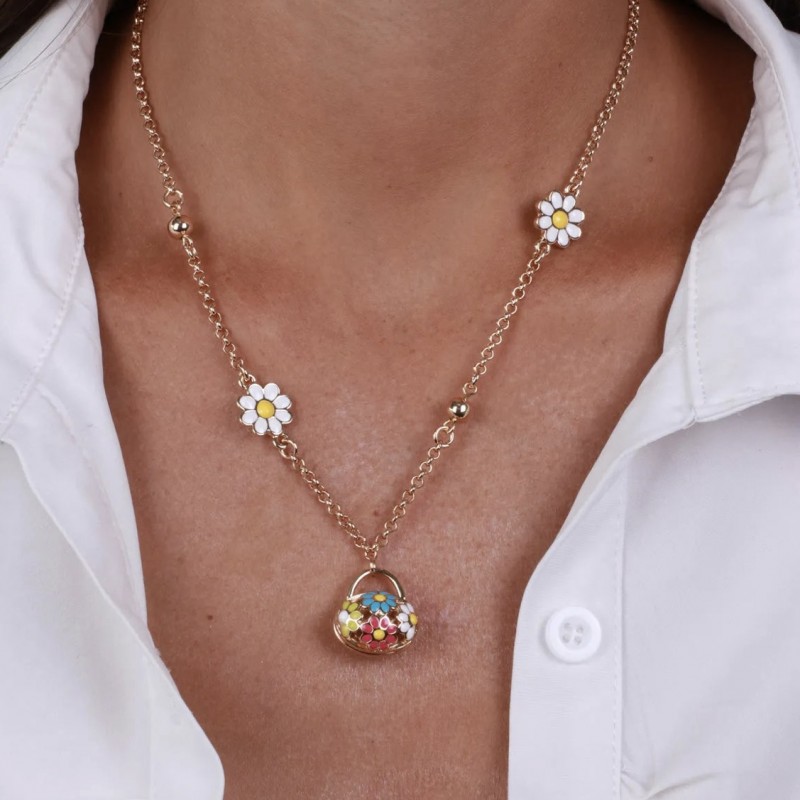 BYS - Collana in metallo con borsetta e fiori colorati
