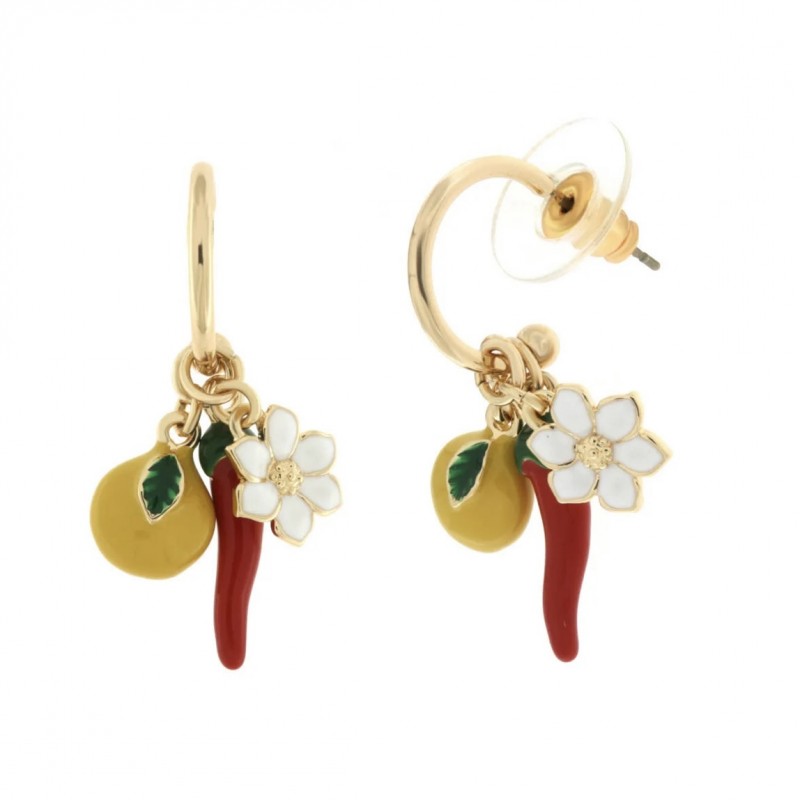 BYS - Orecchini cerchi in metallo con limoni fiori e cornetto