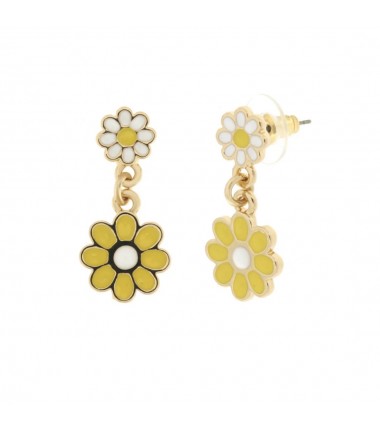 BYS - Metal earrings with white and yellow pendant daisies