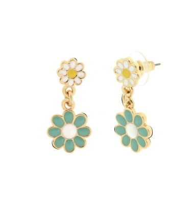 BYS - Metal earrings with white and teal pendant daisies