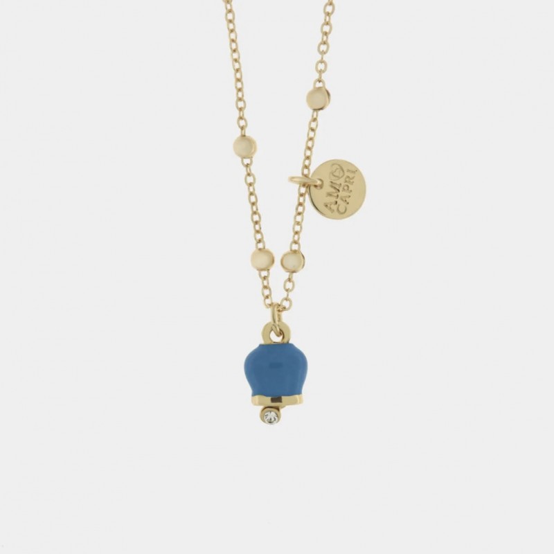 BYS - Collana in metallo con campanella portafortuna ciano pendente