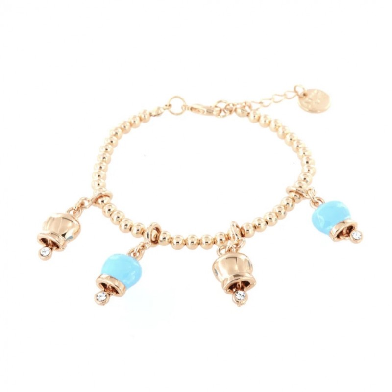 BYS - Bracciale in metallo con campanelle portafortuna rosate e turchese pendenti