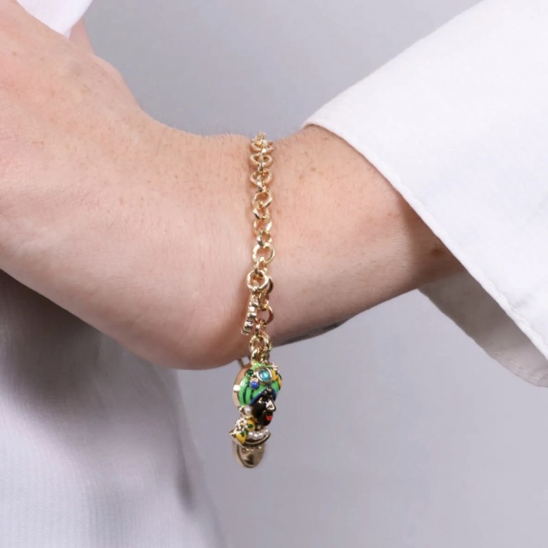 I Love Sicily - BYS - Bracciale in metallo con testa di moro verde, fiore e cuore