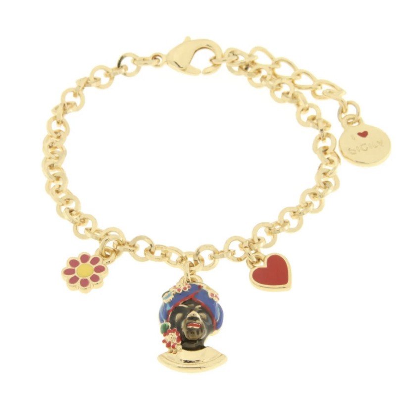 I Love Sicily - BYS - Bracciale in metallo con testa di moro blu, fiore e cuore