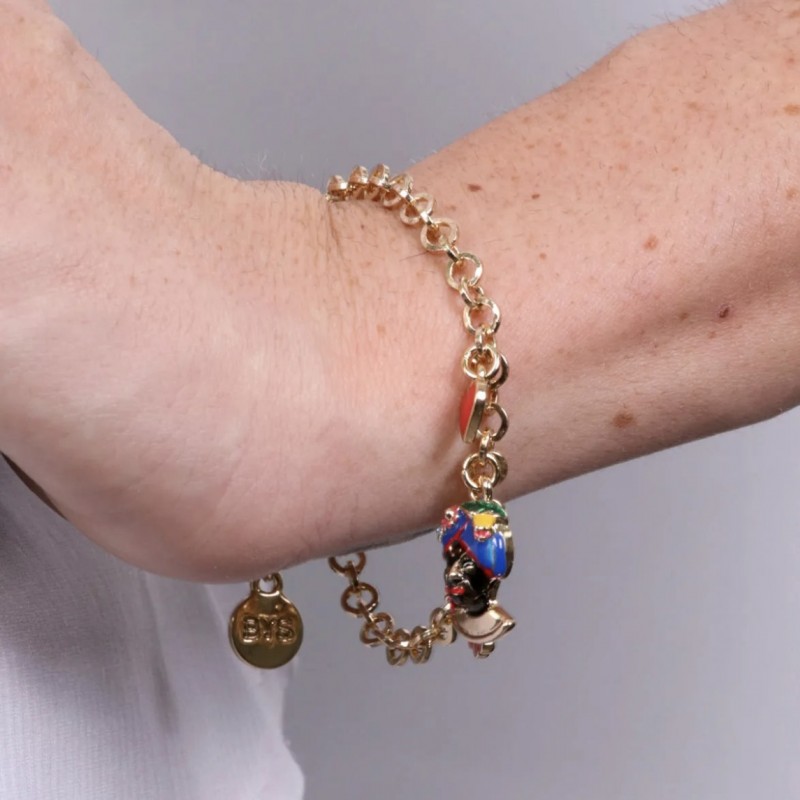I Love Sicily - BYS - Bracciale in metallo con testa di moro blu, fiore e cuore
