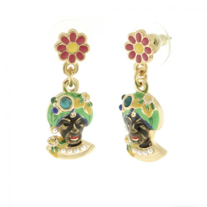 I Love Sicily - BYS - Metal earrings with green Moor's head and flower