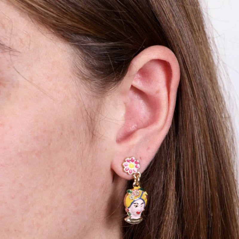 I Love Sicily - BYS - Metal earrings with yellow Moor's head and flower