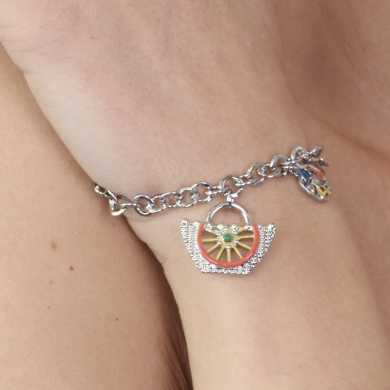 I Love Sicily - BYS - Bracciale in metallo con coffa con disegno ruota del carretto e trinacria pendente