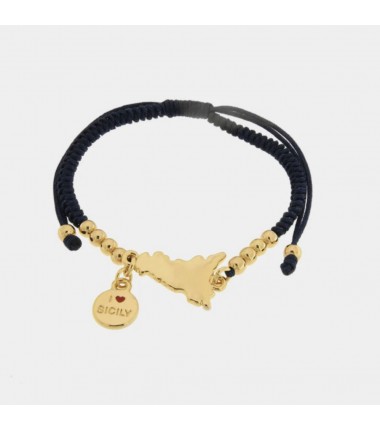 I Love Sicily - BYS - Bracciale in metallo con Sicilia e cordino blu
